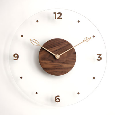 Horloge murale 12 pouces scandinave avec cadre en verre acrylique et bois massif, design moderne minimaliste pour le salon, la chambre à coucher, le décor de bureau