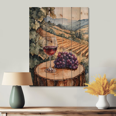 Vignoble avec verre de raisin en Provence III - Impression sur bois de vignoble - sur bois de pin naturel