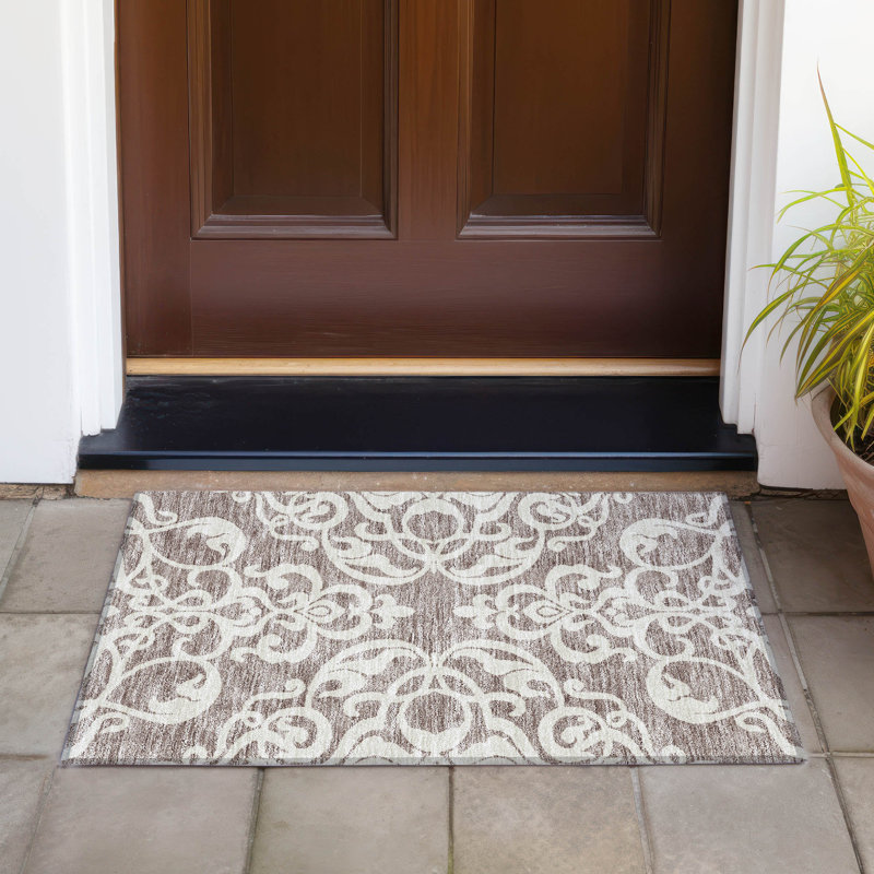 Taupe and White Synthetic Flat Woven Rectangular Rug