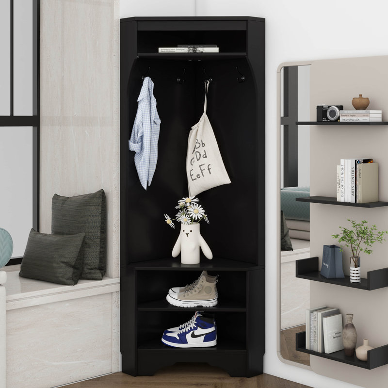 Minimalist Corner Hall Tree With Shoe Bench, Versatile Entryway Coat Rack With 4 Hooks, Corner Cabinet With Adjustable Shelf