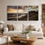 Ensemble de 3 toiles murales à la texture grunge représentant une rivière sinueuse et une colline rocheuse-1202469888