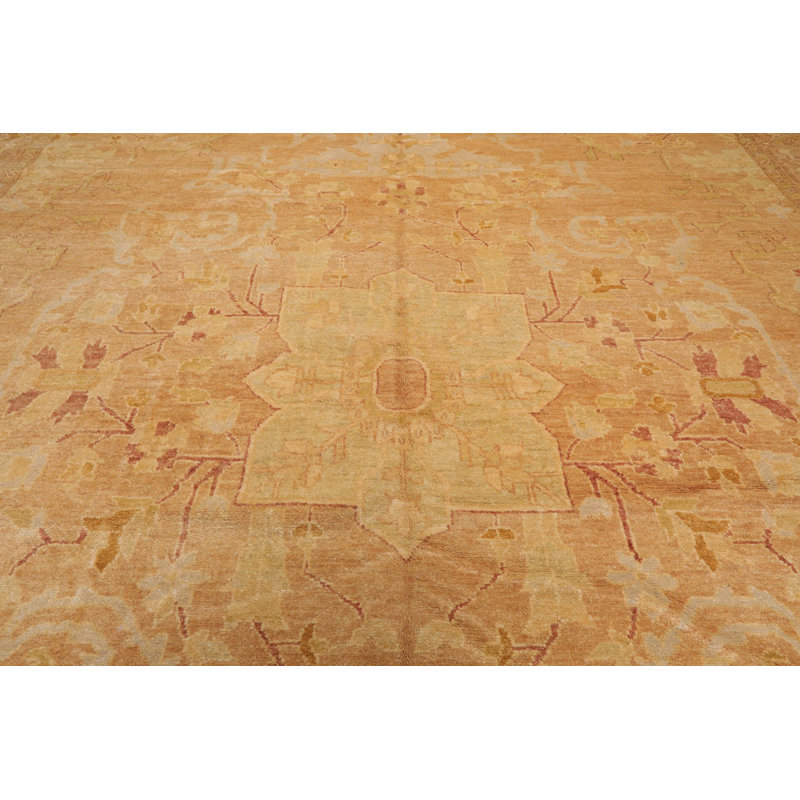 Hand-Knotted Pale Peach and Tan Wool Oriental Rug