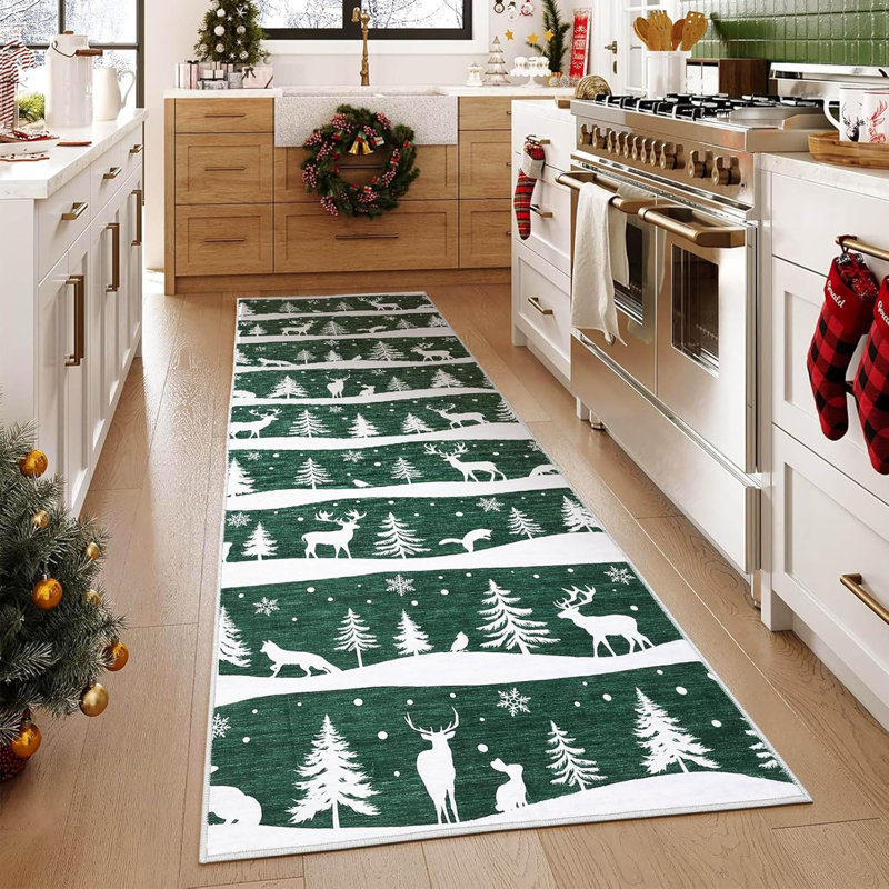 Christmas  Area Rug with Tree and Reindeer, Low Pile Non-Slip Washable Rug for Living Room Holiday Decor, Runner 2' x 6'