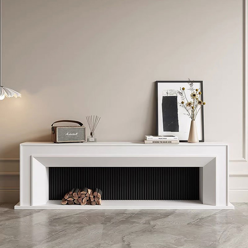 Meuble télé avec foyer en bois de hêtre massif blanc / noir clair, L 70,87 po, Blanc