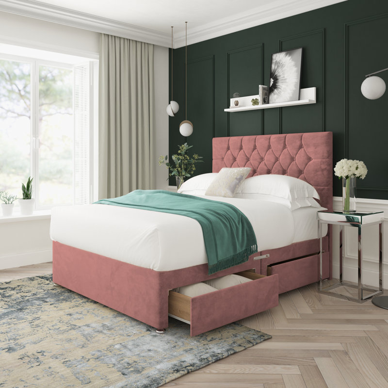 Upholstered Divan Bed, Small Double (4'), Pink, Left Side Drawers
