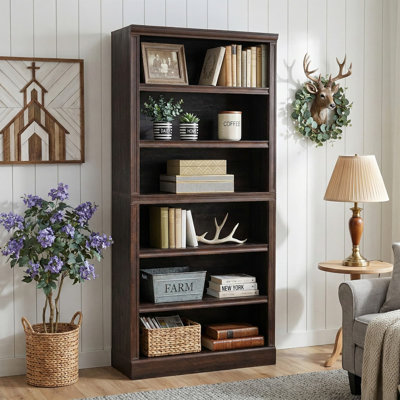 Aileana 75.2" Large Farmhouse Bookcase Bookshelf, 6-Tier Bookshelf, All Open Storage With Adjustable Shelves, Dark Walnet Wood