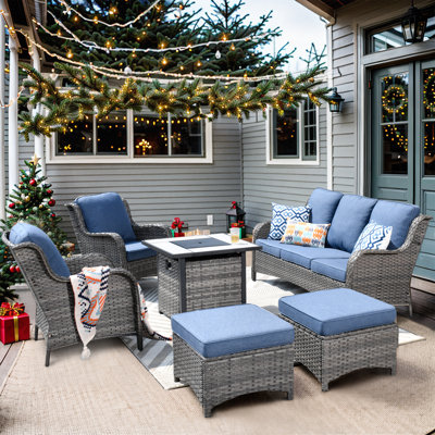 Amanda Premium All-Weather Wicker 5 - Person Patio Conversation Sets with Cushions