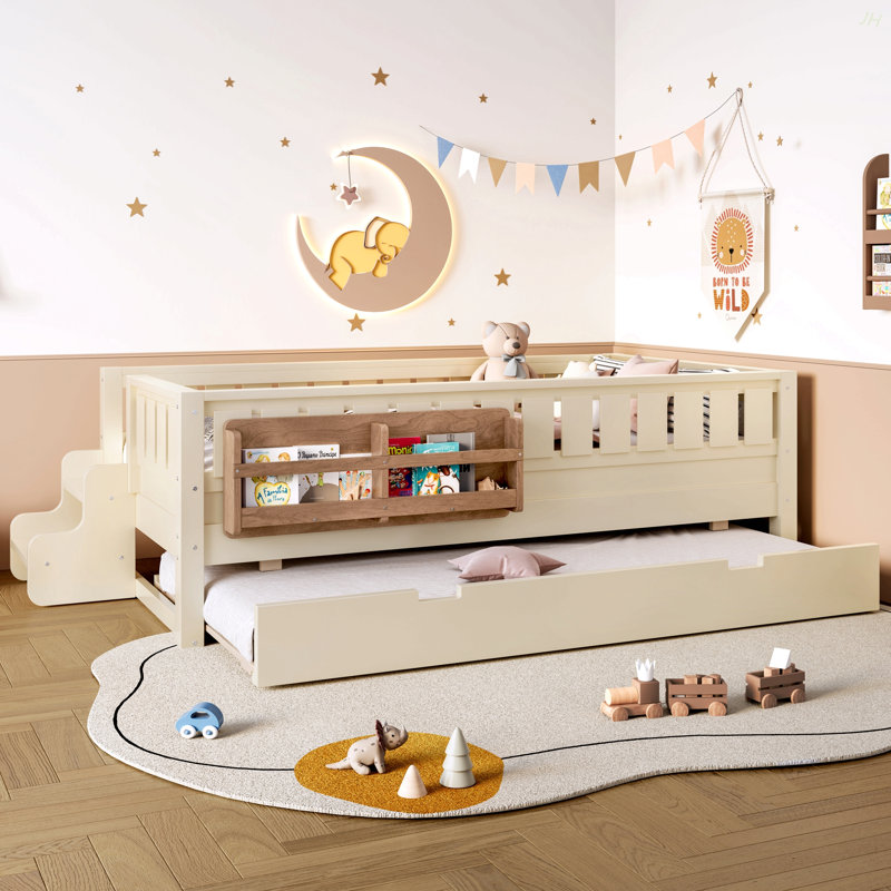 Twin With Built-In Bookshelves And Small Staircase, High-Quality Safety Rails, And Trundle, Beige, Beige, Twin