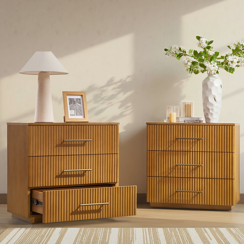 Kaybri 26''W Modern 3-Drawer Fully Assembled Fluted Nightstand with Solid Wood and Charging Station, Teak
