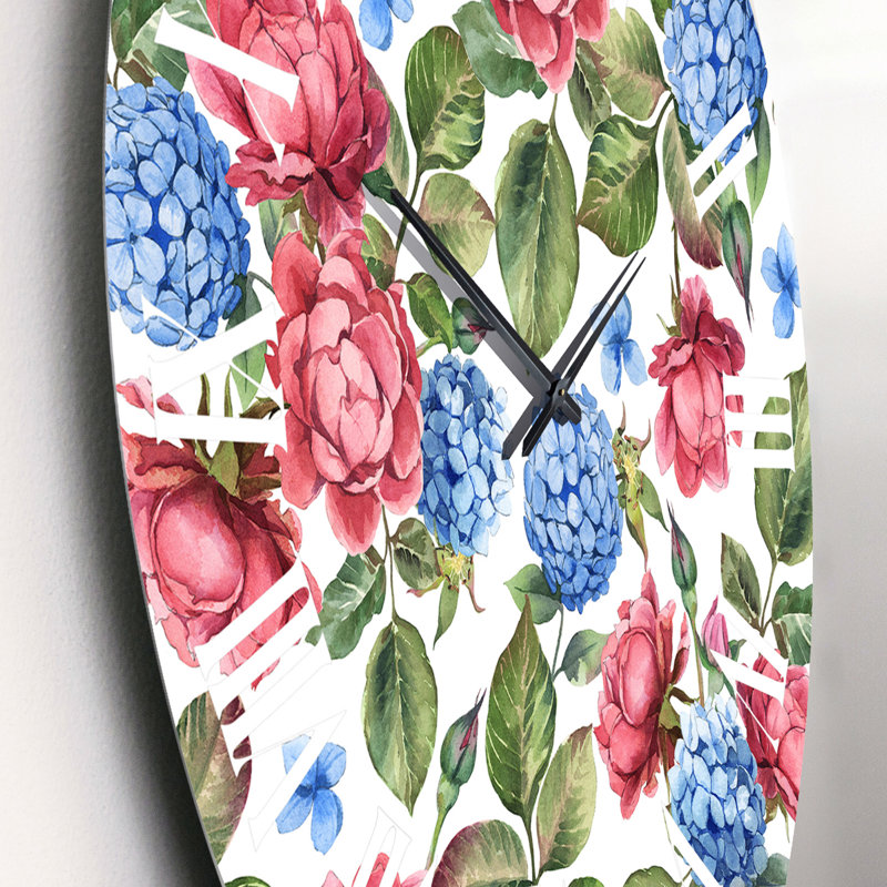 Horloge murale à motif rose et hortensia bleu avec feuilles sur fond blanc, Petit