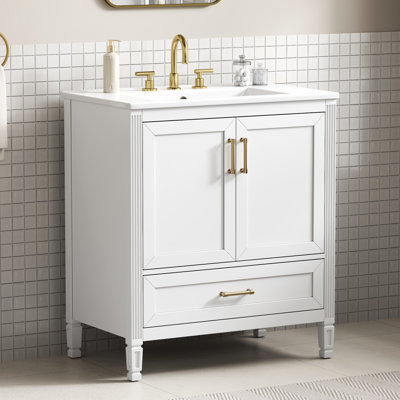 Meuble-lavabo 30 po avec lavabo en céramique - Pieds en bois massif, portes et tiroir à fermeture en douceur, tablette de porte