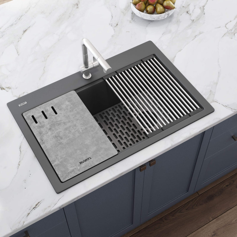 Ruvati 33" L x 22" W Drop-In Kitchen Sink with Accessories, Urban Gray
