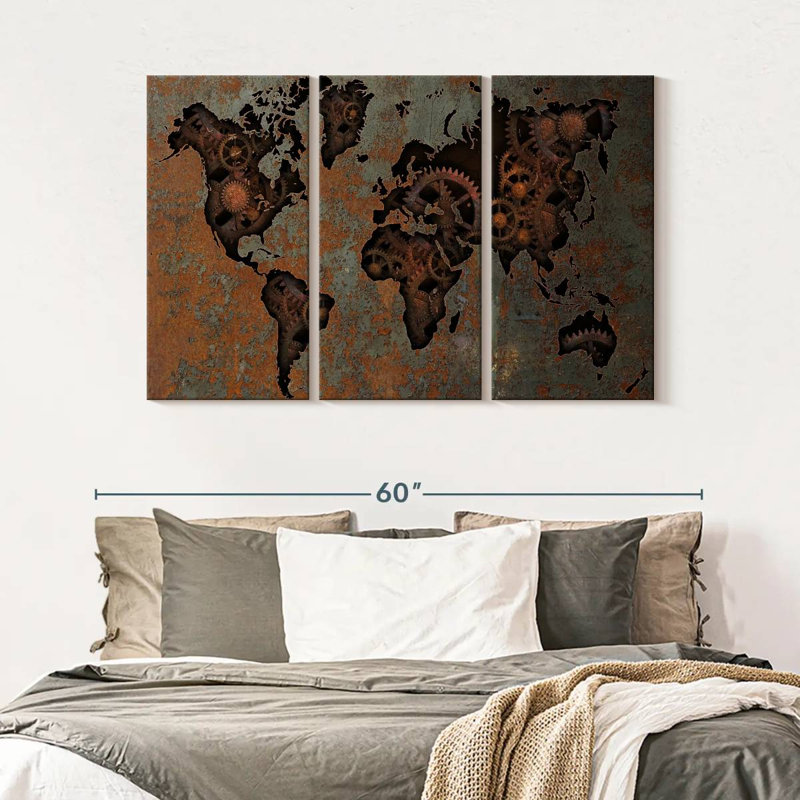Ensemble de carte du monde sur toile Steampunk 3 pièces, H 32 po x l 50 po x P 1,25 po