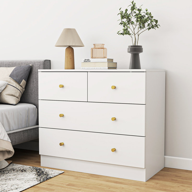 White 3-tier 4-drawer Storage Cabinet  Particleboard Dresser With Brushed Gold Handles (living Room/bedroom/entryway)