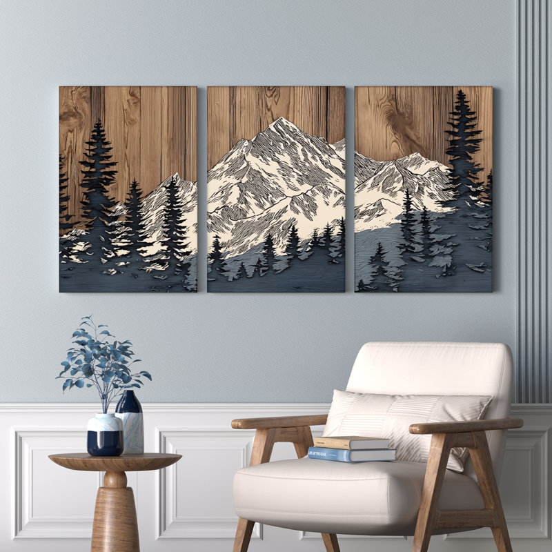 Mountain Landscape with Pine Trees Canvas Wrapped Wall Art, Rustic Wood Grain Print (Set of 3), 36" H x 72" W