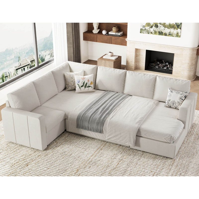Armless Pullout Sleeper Sofa Module, Beige Velvet