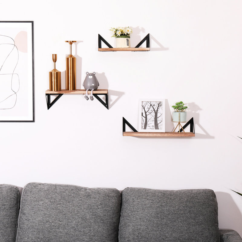 3 tablettes flottantes en bois naturel - Supports et fixation murale pour chambre à coucher, salon, cuisine, salle de bain longue 3 avec baignoire
