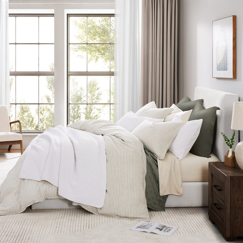 King Cream Linen Striped Duvet Cover Set with Shams