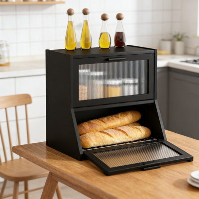 Boîte à pain en bambou à double couche avec porte ondulée en acrylique, récipient de rangement de comptoir de cuisine de grande capacité pour le pain et les produits de boulangerie