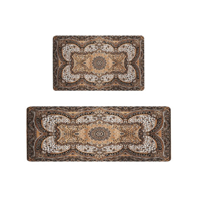 Brown Persian Floral Flannel Kitchen Mats, 2-Piece Set Traditional Home Decor Rugs For Kitchen & Living Room