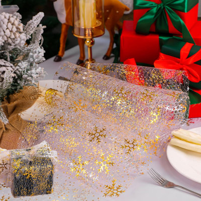 2 Pcs Christmas Snowflake Gold Table Runner Sparkly Golden Metallic Foil Runners Decorations Glitter For Winter Festival Holiday Home Party Seasonal