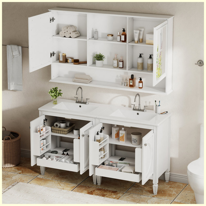 Ensemble de meuble-lavabo double 60 po avec armoire à pharmacie murale assortie, portes à panneau surélevé rétro et pieds fuselés, charnières à fermeture douce, tablettes de rangement réglables, blanc