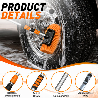 12FT Car Wash Brush with Long Handle, Telescopic Car Wash Brush with Soap Dispenser, 12-Inch Soft Bristle Car Cleaning Brush for Cleaning Car, RV, Truck, Boat, Solar Panels, Orange