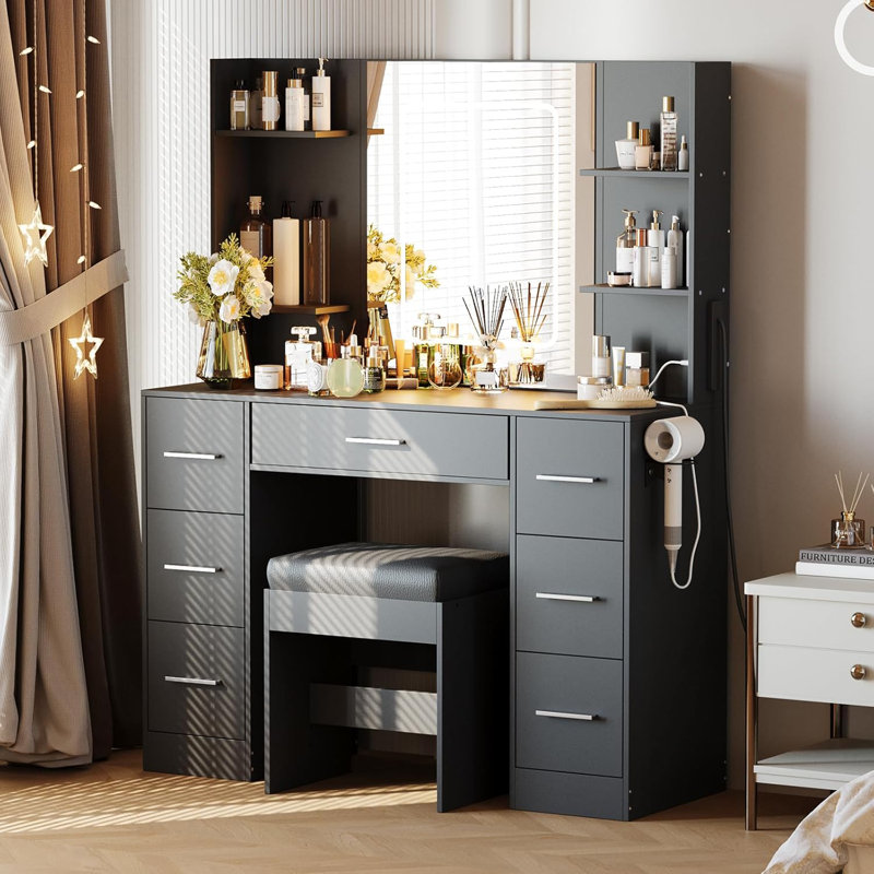 Vanity Desk  Vanity Table With 7 Drawers And 6 Storage Shelves, With Mirror  Stool Dressing Table White, Black