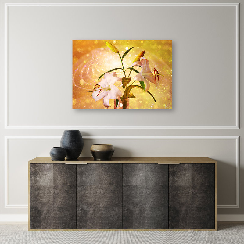 Lily Blossom On A Yellow Background - No Frame Print on Canvas, 70cm H x 100cm W