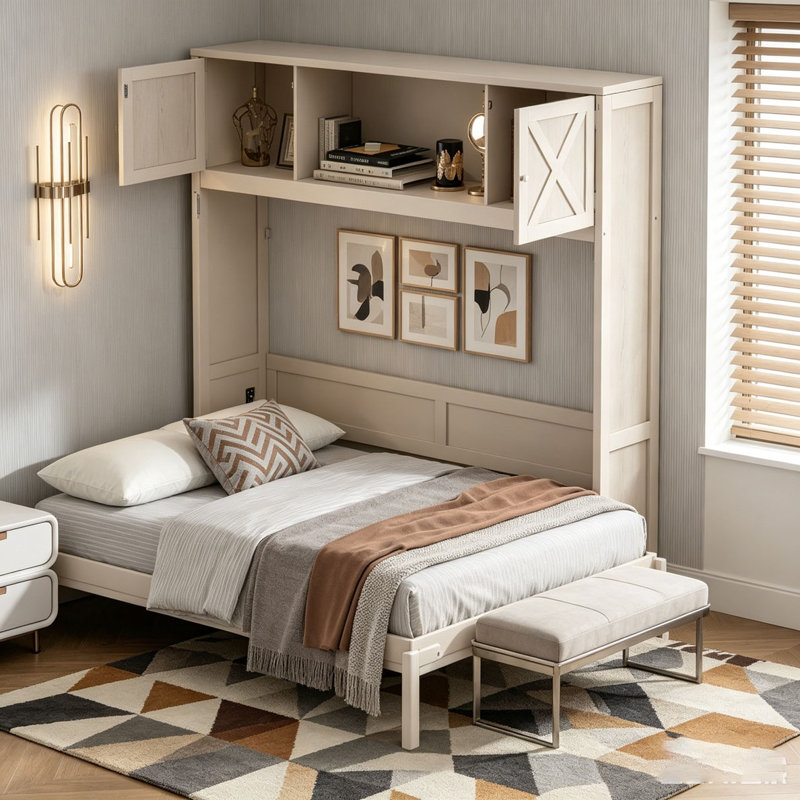 Lit escamotable avec armoires de rangement, Grand lit, Beige