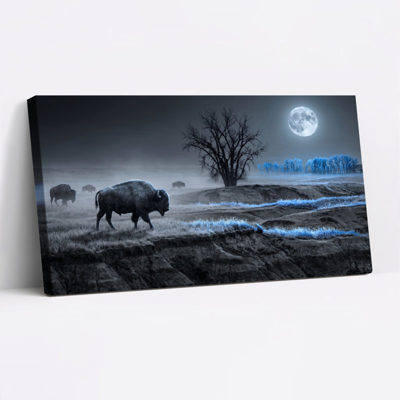 Ensemble de 1 tableau sur toile représentant un bison au clair de lune, L 58 po x H 28 po, Toile tendue