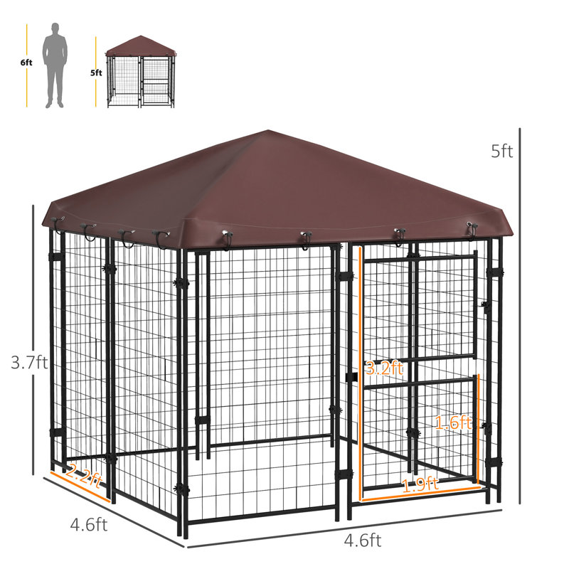 Chenil d'extérieur pour chien de 4,6 pi x 5 pi, en acier imperméable pour chiens de petite à moyenne taille, enclos de 5 pi
