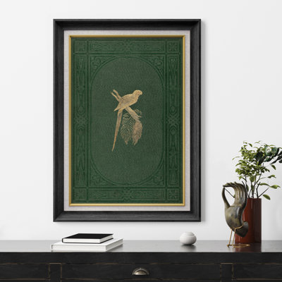 Vintage Gold Parrot on Dark Green Ornamental Background - Pictures Framed Paper Print Wall Art