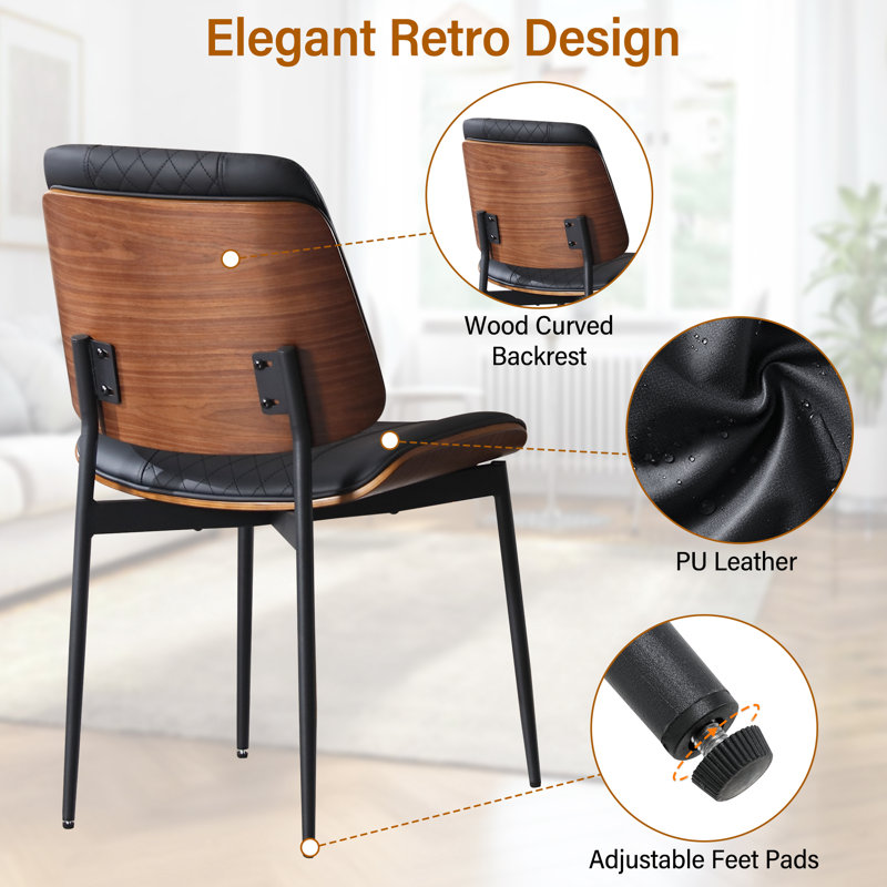 Modern Faux Leather Accent Chair with Walnut Wood Backrest, Black