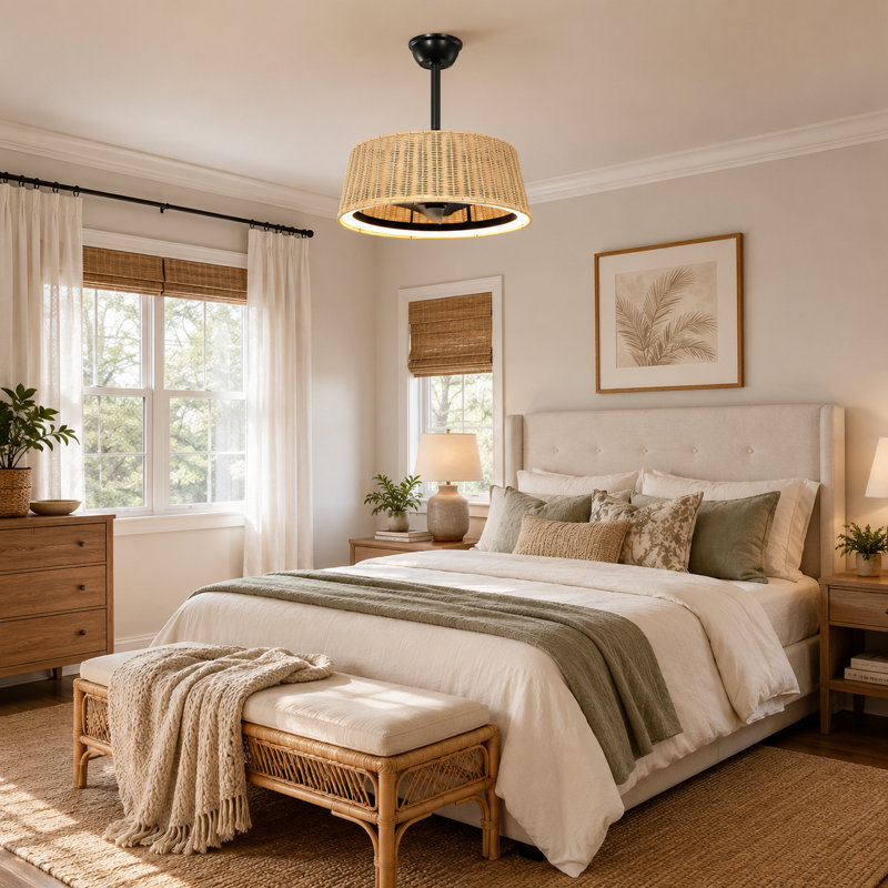 20" Boho Rattan Caged Ceiling Fan with Dimmable LED Light and Remote Control