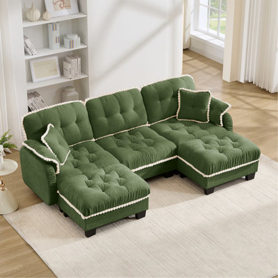 Canapé en forme de U en chenille avec 4 coussins, repose-pieds mobile à garniture pom-pom capitonnée, conception ergonomique, canapé à assise profonde facile à assembler pour le bureau du salon, appartement, vert