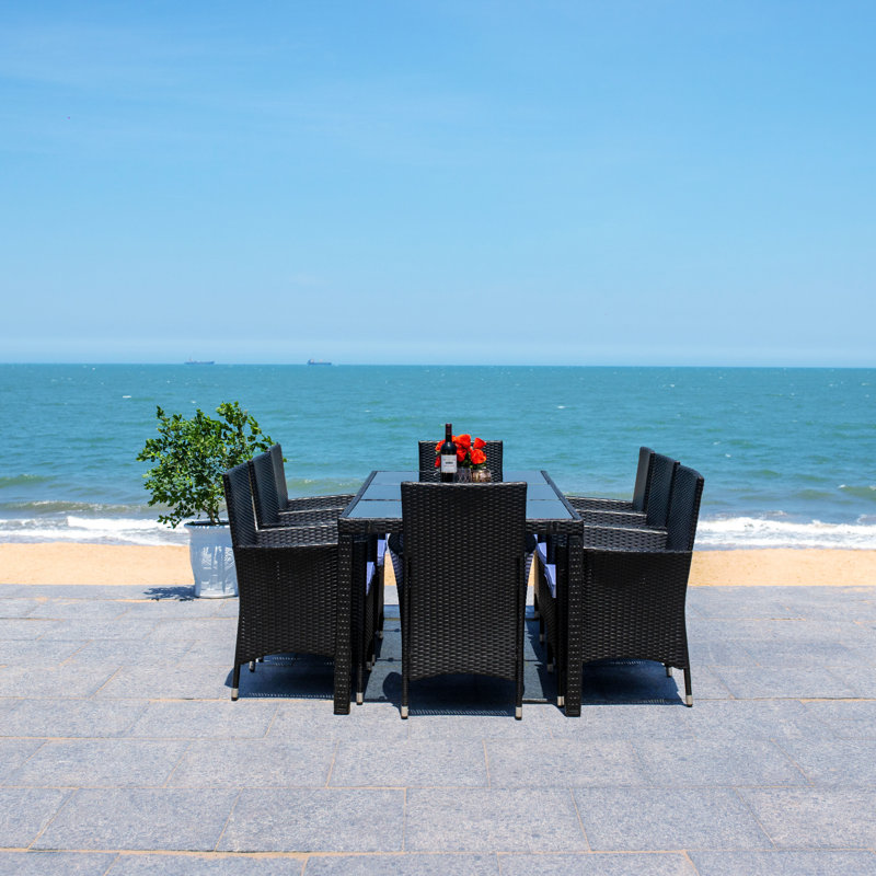 Hailee 8-Person Black Wicker Outdoor Dining Set with Glass Top