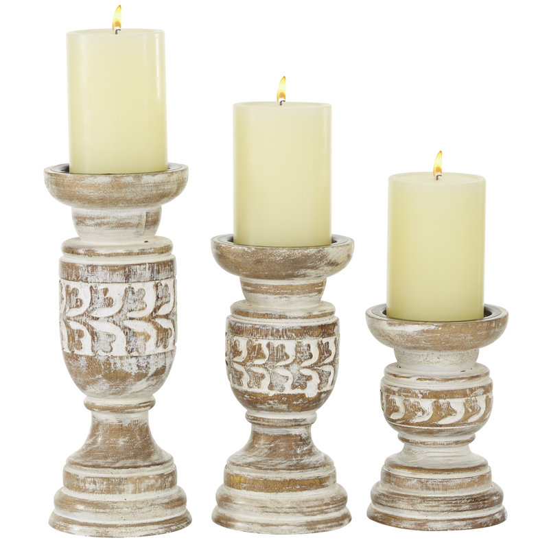 Distressed Light Brown Mango Wood Candle Holder Set