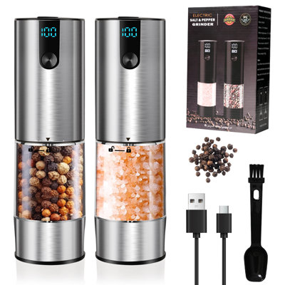 2 Pack Rechargeable Electric Salt & Pepper Grinder Set - LED Light, Adjustable Coarseness, Stainless Steel, Silver