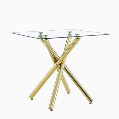Table de bar moderne en or avec plateau en verre trempé, table de pub en métal robuste avec pieds en croix
