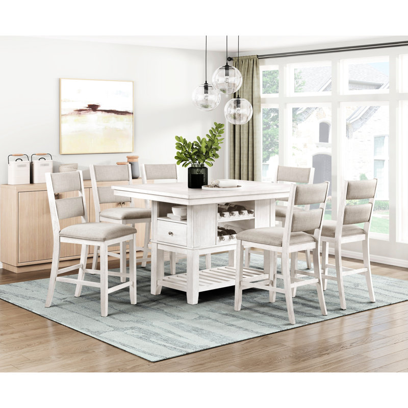 Table à hauteur de comptoir de style moderne pour la salle à manger, avec 2 tiroirs à roulement, tablettes de rangement pour le vin et la cuisine, 6 sièges, décontracté, blanc antique
