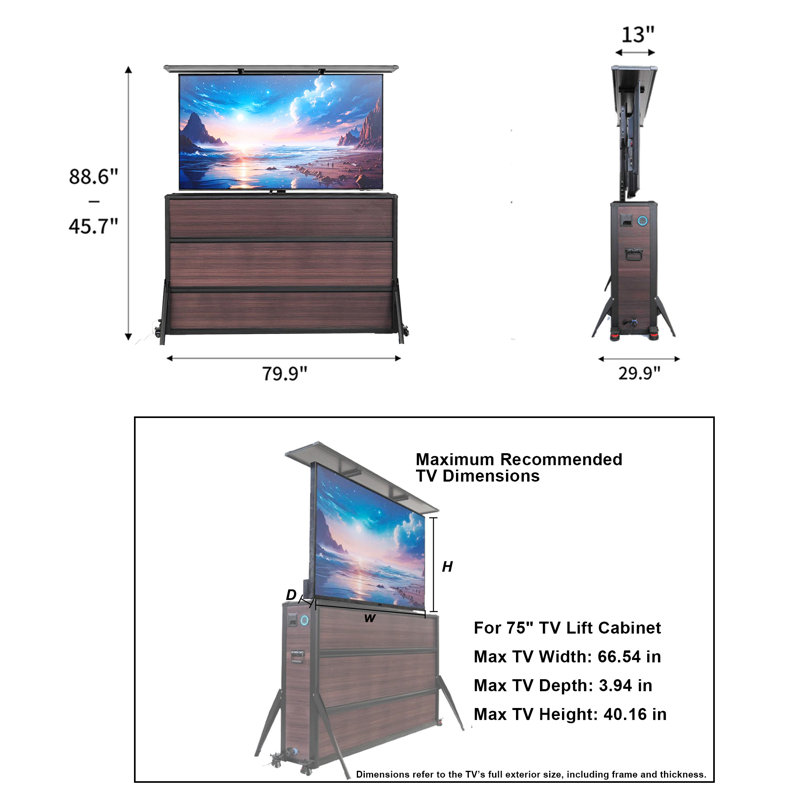 Meuble télé 75 po pour l'intérieur et l'extérieur avec installation des câbles et panneau de commande