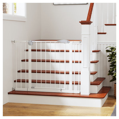 Adjustable Baby Gate for Stairs and Doorways, 29.5-44.1" Wide Walk-Through Pet Gate, White ABS and Steel Safety Barrier