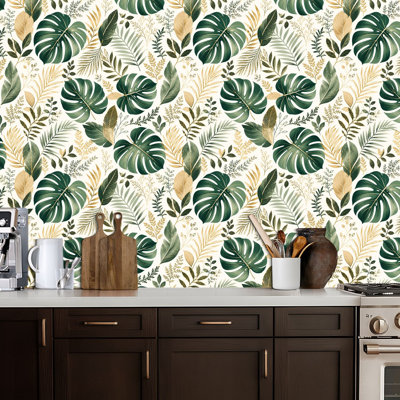 Papier peint adhésif à motif de feuilles tropicales, vert doré et vert émeraude, amovible et autocollant, pour chambre, cuisine et placards, 61 cm x 300 cm.