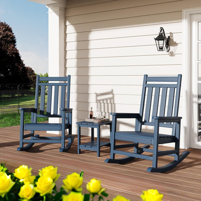 Poly Lumber Rocking Chair Outdoor Set of 2 with Side Table - HDPE High Back Porch Rocker Chairs for Adults - All Weather Resistant Furniture for Patio by Lark Manor