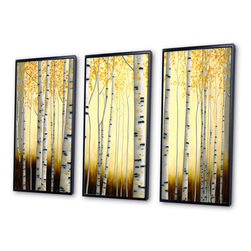 Golden Birch Trees Forest III - ensemble d'art mural sur toile paysage, H 28 po x l 36 po x P 1 po, Cadre noir