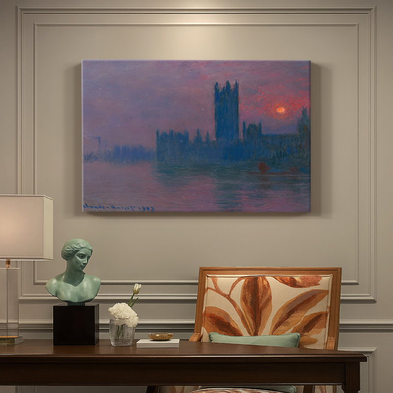 Claude Monet, "Maisons du Parlement, coucher de soleil" - Art mural sur toile tendue de qualité musée, 40x60