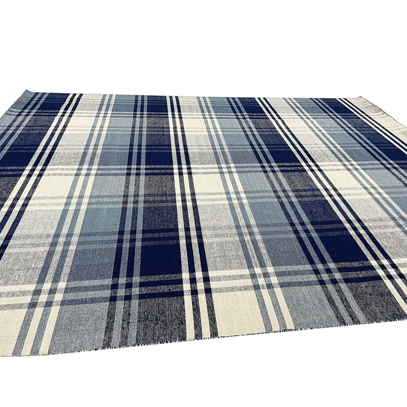 Blue Handwoven Wool Plaid Weave Geometric Modern Contemporary Carpet Rug, 10' x 14'