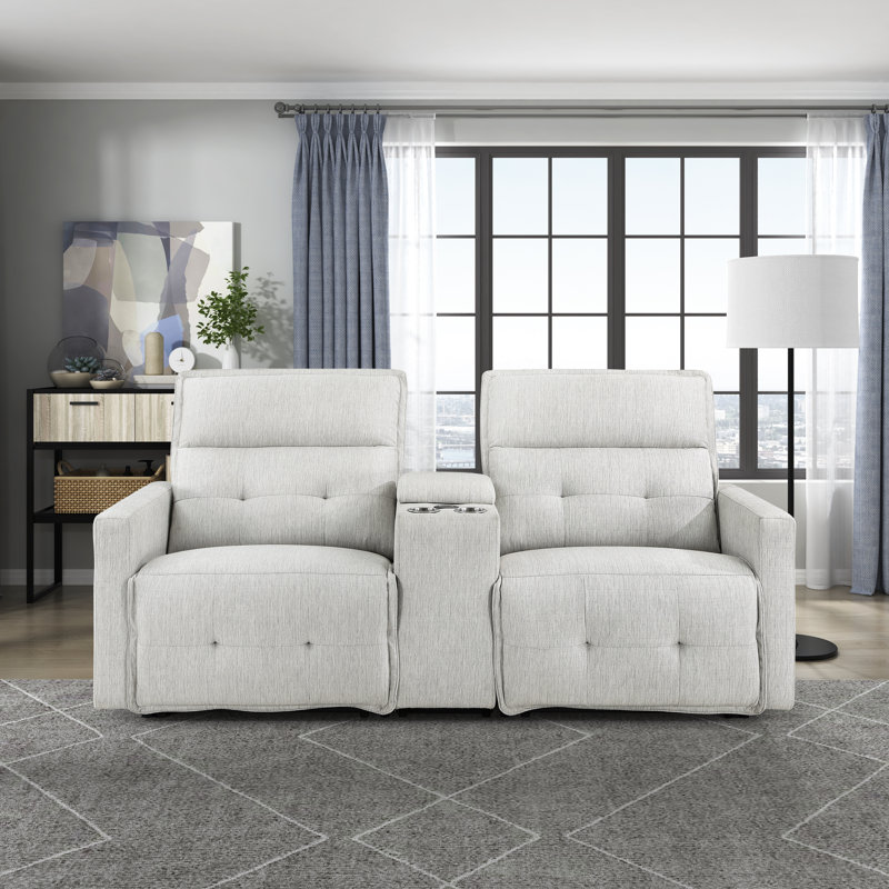 Niehaus 85.5" Modern & Contemporary Textured Fabric Power Reclining Loveseat with Center Console, Wireless Charging & Storage, One-Touch Power Recline with Power Headrests