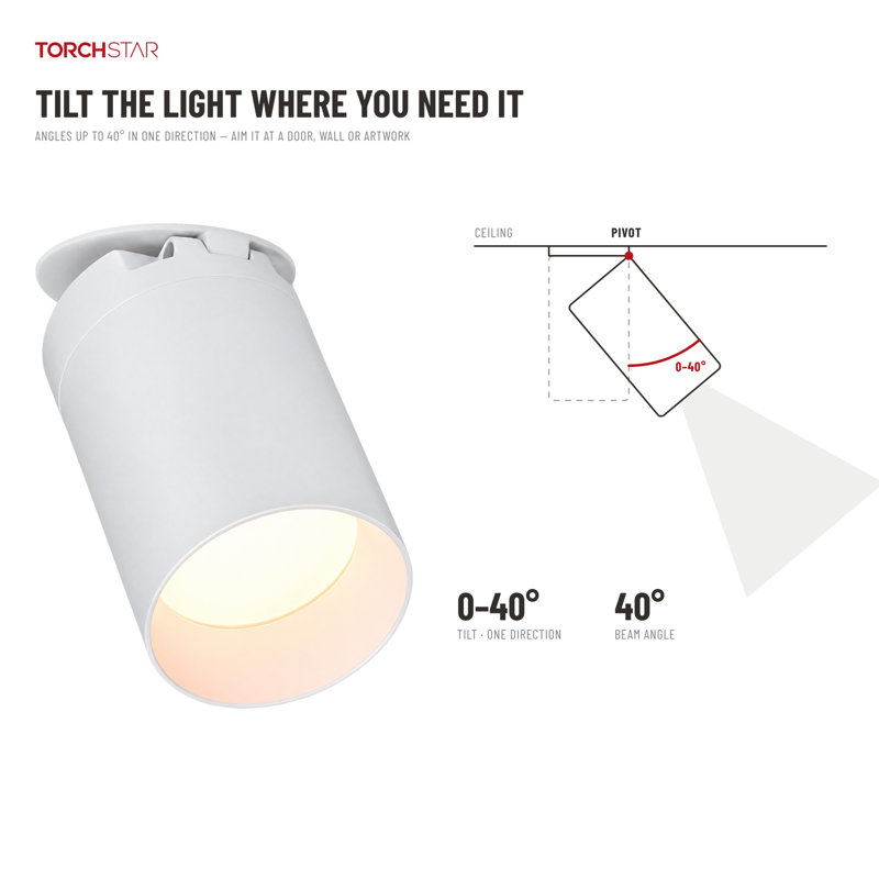Plafonnier cylindrique DEL Vector 2 po avec boîte de jonction, luminaire encastré directionnel en saillie, incliné, 5 CCT sélectionnables de 2700 K à 5000 K, 370 lm, 6 W, IRC 90+, étanche à l'air (norme IC), résistant à l'humidité, blanc